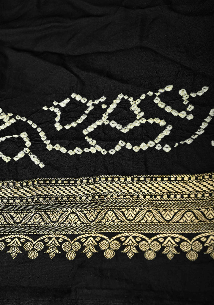 Black Banarasi Mashru Silk Saree with Bandhni Mandala Design and Zari Scallop Bandhni Border |  SILK MARK CERTIFIED