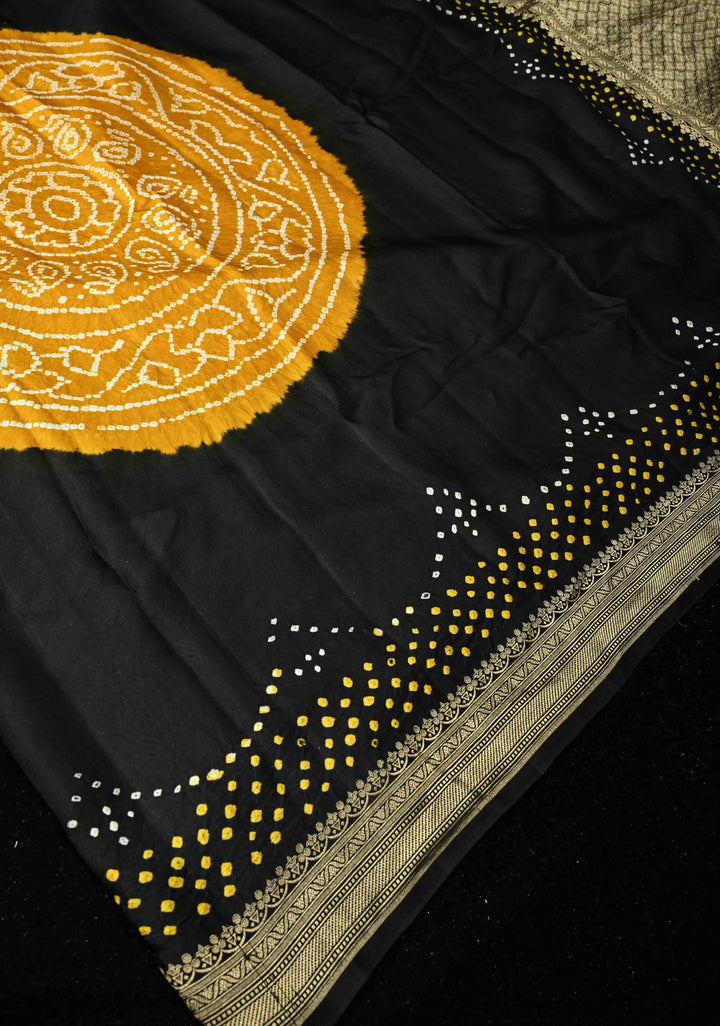 Black Banarasi Mashru Silk Saree with Bandhni Mandala Design and Zari Scallop Bandhni Border |  SILK MARK CERTIFIED