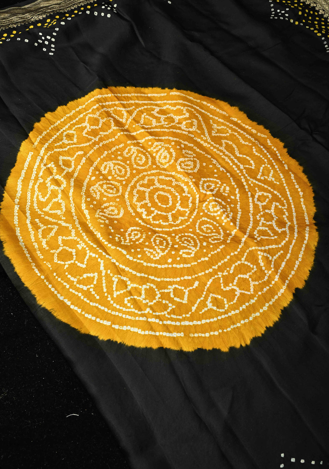 Black Banarasi Mashru Silk Saree with Bandhni Mandala Design and Zari Scallop Bandhni Border |  SILK MARK CERTIFIED