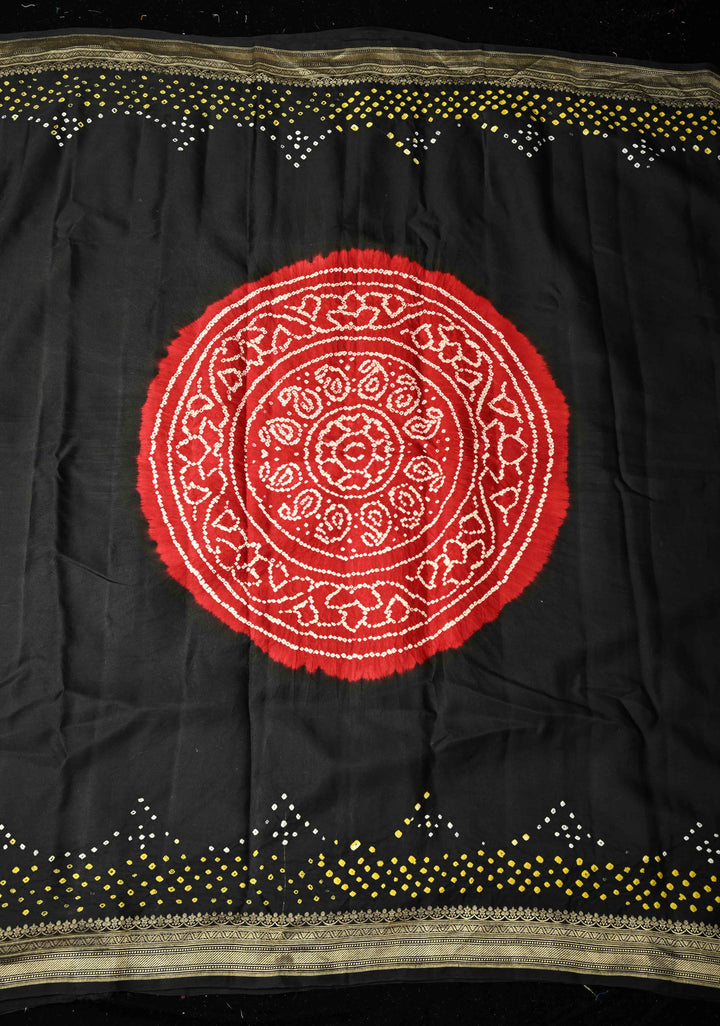 Black Banarasi Mashru Silk Saree with Bandhni Mandala Design and Zari Scallop Bandhni Border |  SILK MARK CERTIFIED