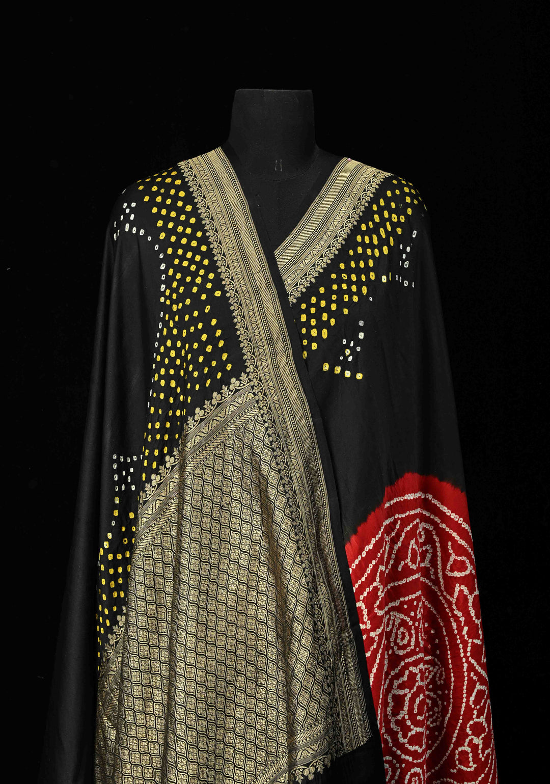 Black Banarasi Mashru Silk Saree with Bandhni Mandala Design and Zari Scallop Bandhni Border |  SILK MARK CERTIFIED
