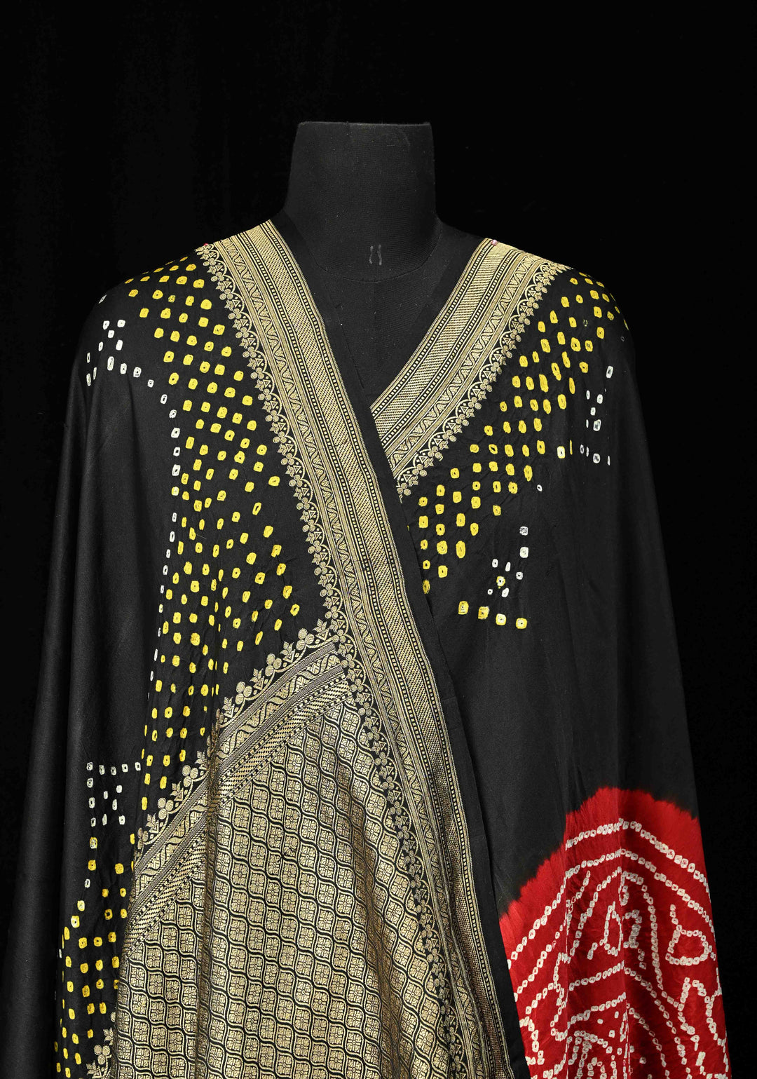 Black Banarasi Mashru Silk Saree with Bandhni Mandala Design and Zari Scallop Bandhni Border |  SILK MARK CERTIFIED