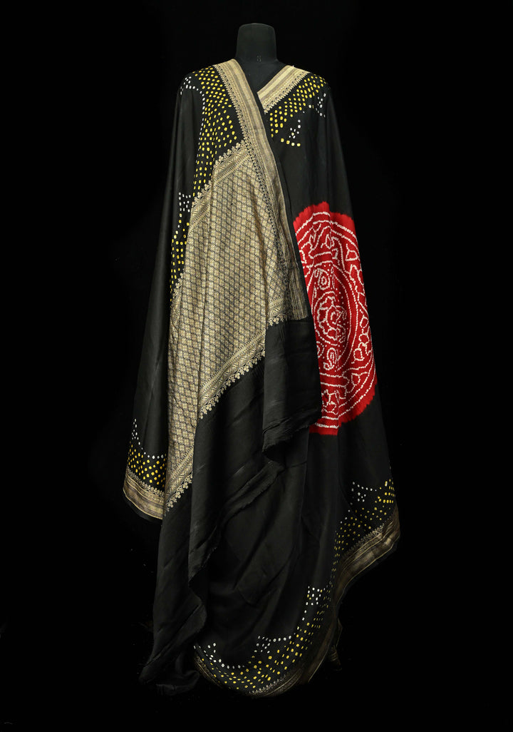 Black Banarasi Mashru Silk Saree with Bandhni Mandala Design and Zari Scallop Bandhni Border |  SILK MARK CERTIFIED