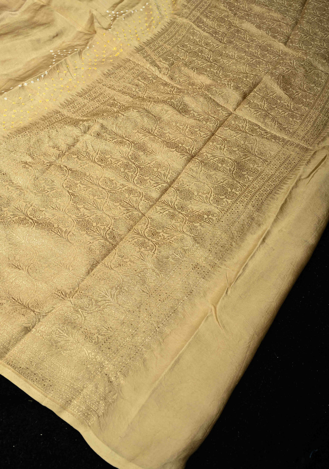 Beige Banarasi Mashru Silk Saree with Bandhni Mandala Design and Bandhni and Zari Borders |  SILK MARK CERTIFIED