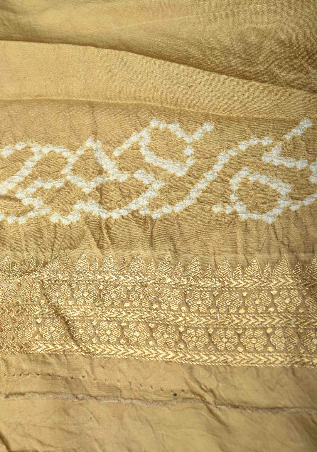 Beige Banarasi Mashru Silk Saree with Bandhni Mandala Design and Bandhni and Zari Borders |  SILK MARK CERTIFIED