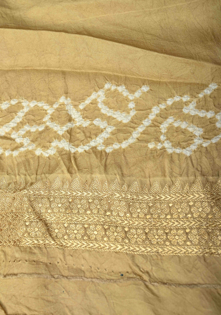 Beige Banarasi Mashru Silk Saree with Bandhni Mandala Design and Bandhni and Zari Borders |  SILK MARK CERTIFIED