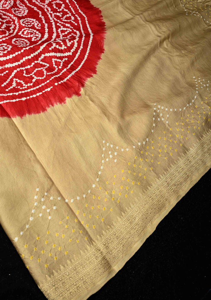 Beige Banarasi Mashru Silk Saree with Bandhni Mandala Design and Bandhni and Zari Borders |  SILK MARK CERTIFIED