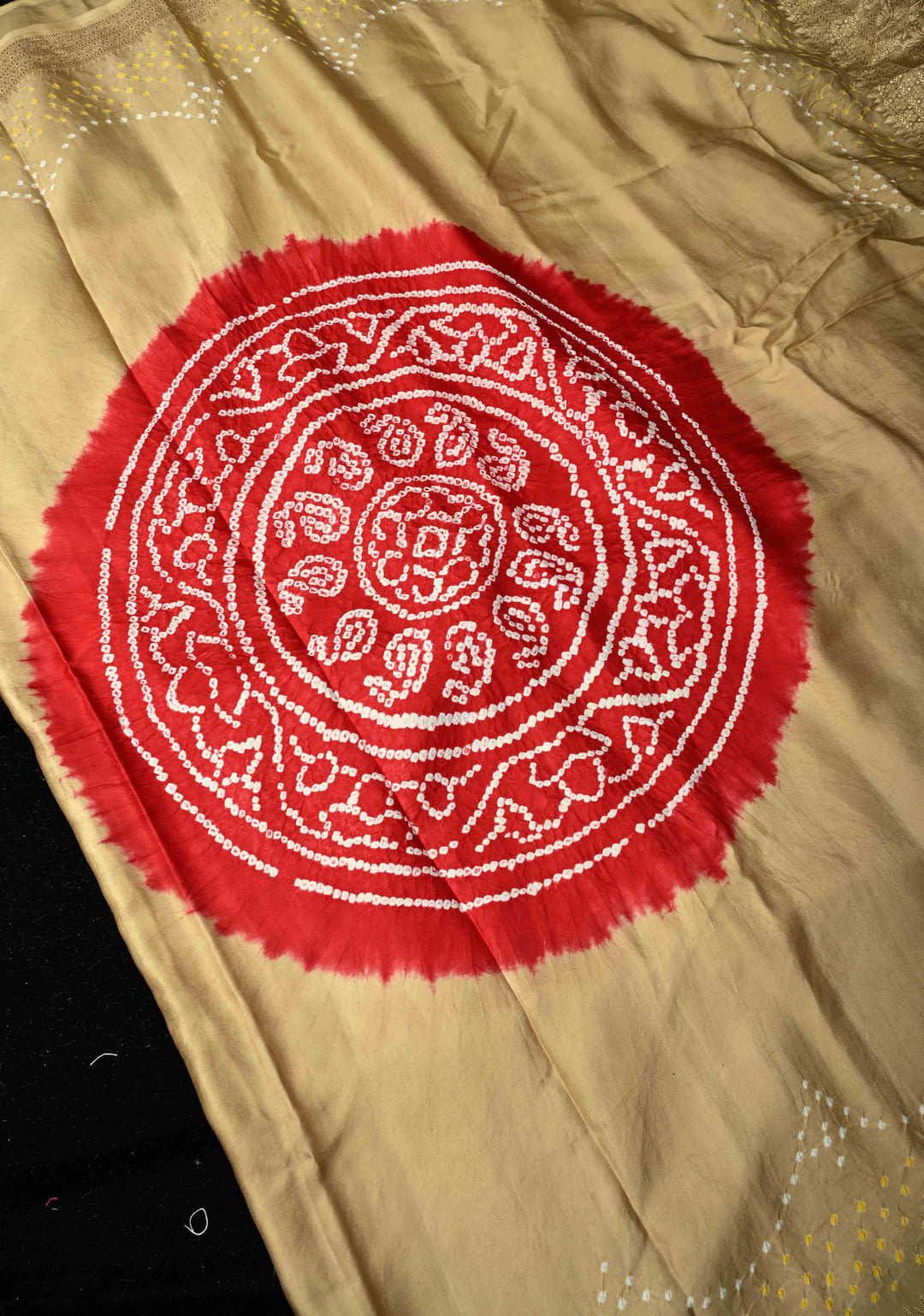 Beige Banarasi Mashru Silk Saree with Bandhni Mandala Design and Bandhni and Zari Borders |  SILK MARK CERTIFIED