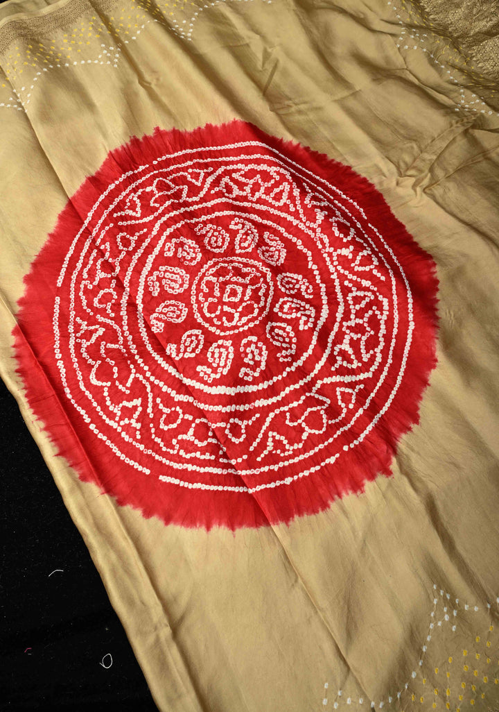 Beige Banarasi Mashru Silk Saree with Bandhni Mandala Design and Bandhni and Zari Borders |  SILK MARK CERTIFIED