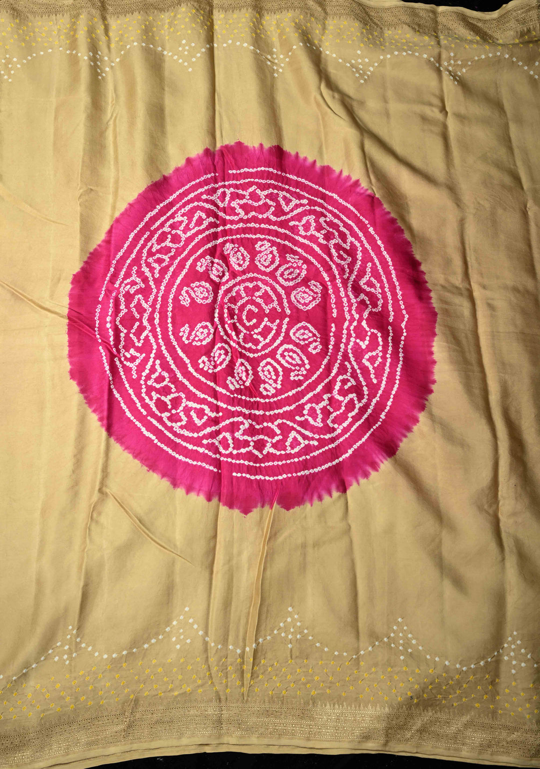 Beige Banarasi Mashru Silk Saree with Bandhni Mandala Design and Bandhni and Zari Borders |  SILK MARK CERTIFIED