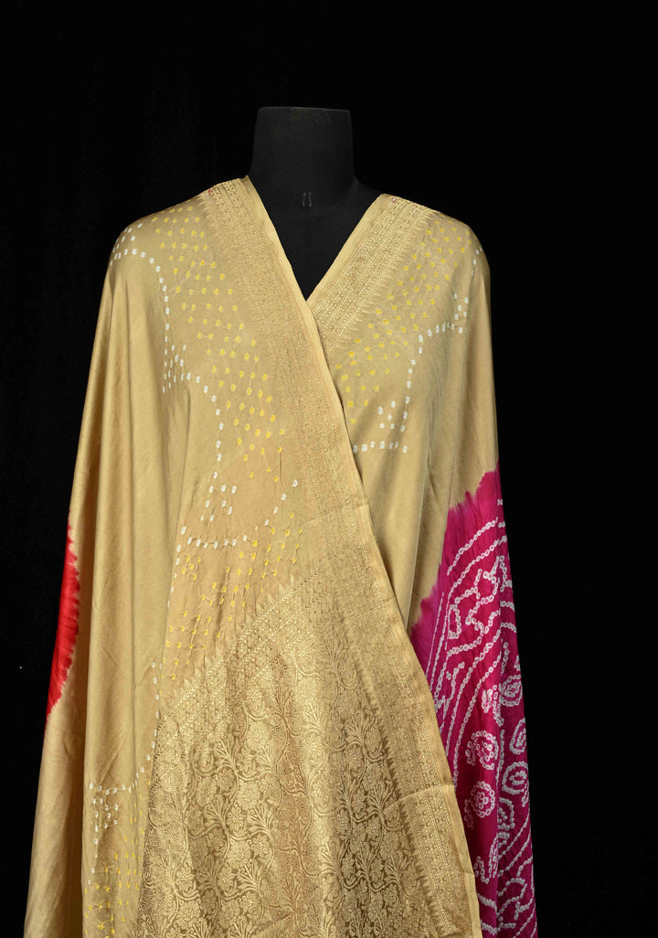 Beige Banarasi Mashru Silk Saree with Bandhni Mandala Design and Bandhni and Zari Borders |  SILK MARK CERTIFIED