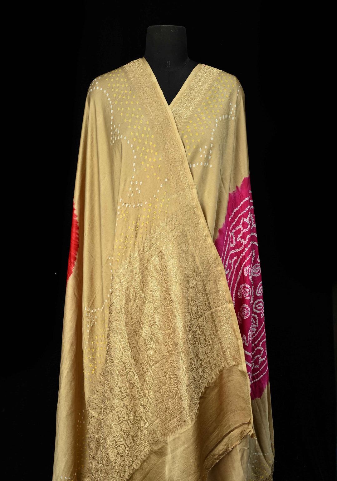 Beige Banarasi Mashru Silk Saree with Bandhni Mandala Design and Bandhni and Zari Borders |  SILK MARK CERTIFIED