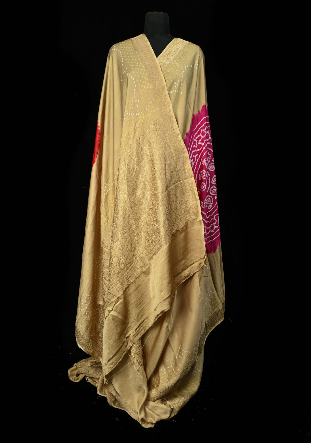 Beige Banarasi Mashru Silk Saree with Bandhni Mandala Design and Bandhni and Zari Borders |  SILK MARK CERTIFIED