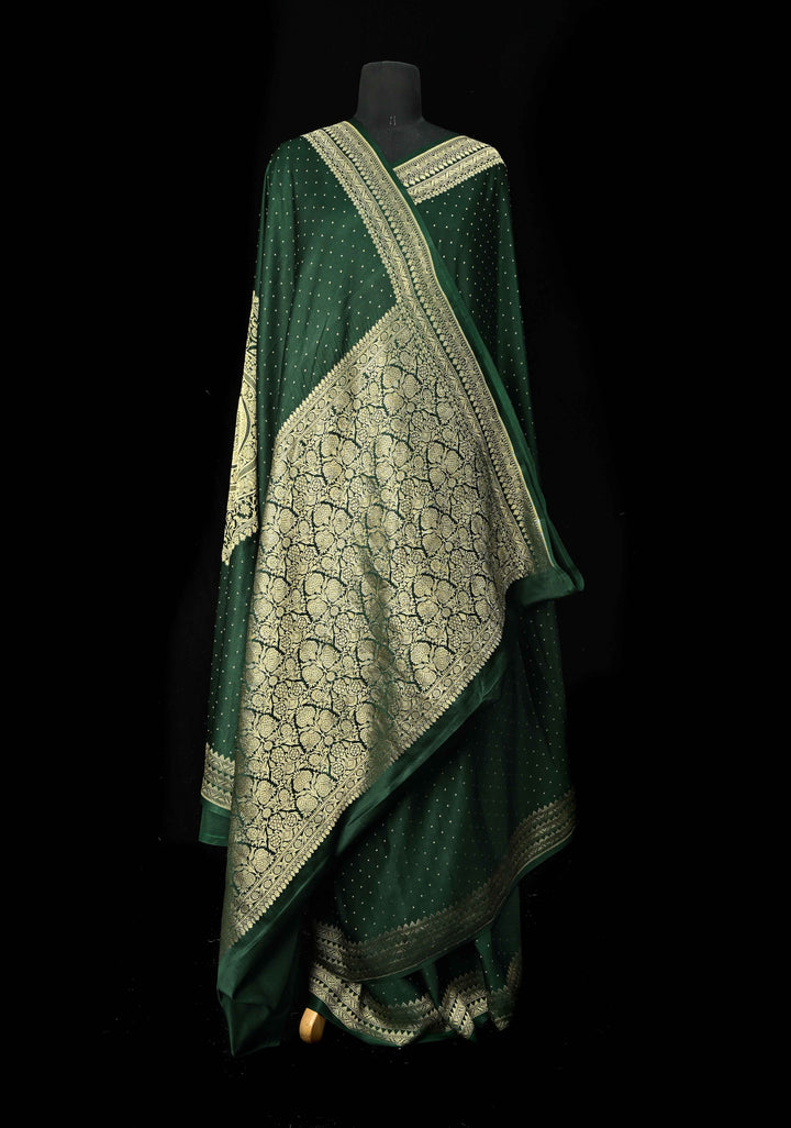 Dark Green Large Diamond design Banarasi Mashru Silk Saree with Chunri Butti and Zari Border |  SILK MARK CERTIFIED | SHOBITAM