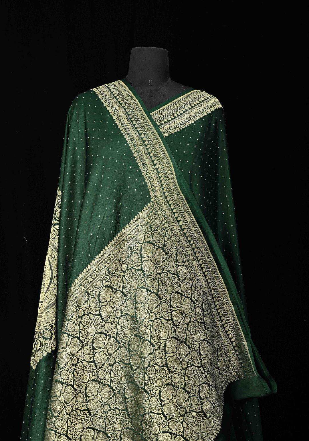 Dark Green Large Diamond design Banarasi Mashru Silk Saree with Chunri Butti and Zari Border |  SILK MARK CERTIFIED | SHOBITAM