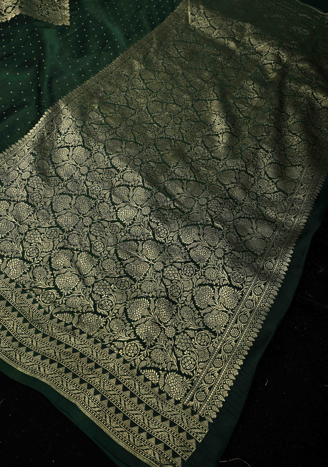 Dark Green Large Diamond design Banarasi Mashru Silk Saree with Chunri Butti and Zari Border |  SILK MARK CERTIFIED | SHOBITAM