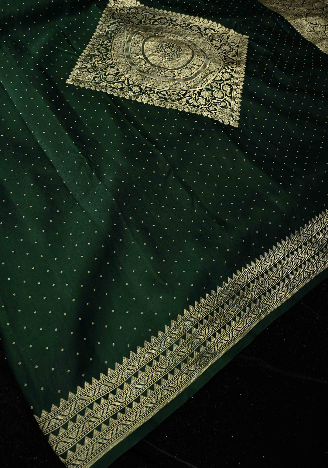 Dark Green Large Diamond design Banarasi Mashru Silk Saree with Chunri Butti and Zari Border |  SILK MARK CERTIFIED | SHOBITAM