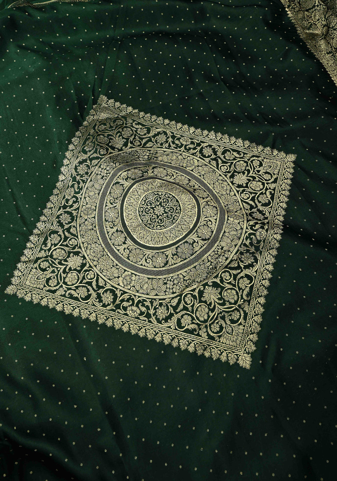 Dark Green Large Diamond design Banarasi Mashru Silk Saree with Chunri Butti and Zari Border |  SILK MARK CERTIFIED | SHOBITAM