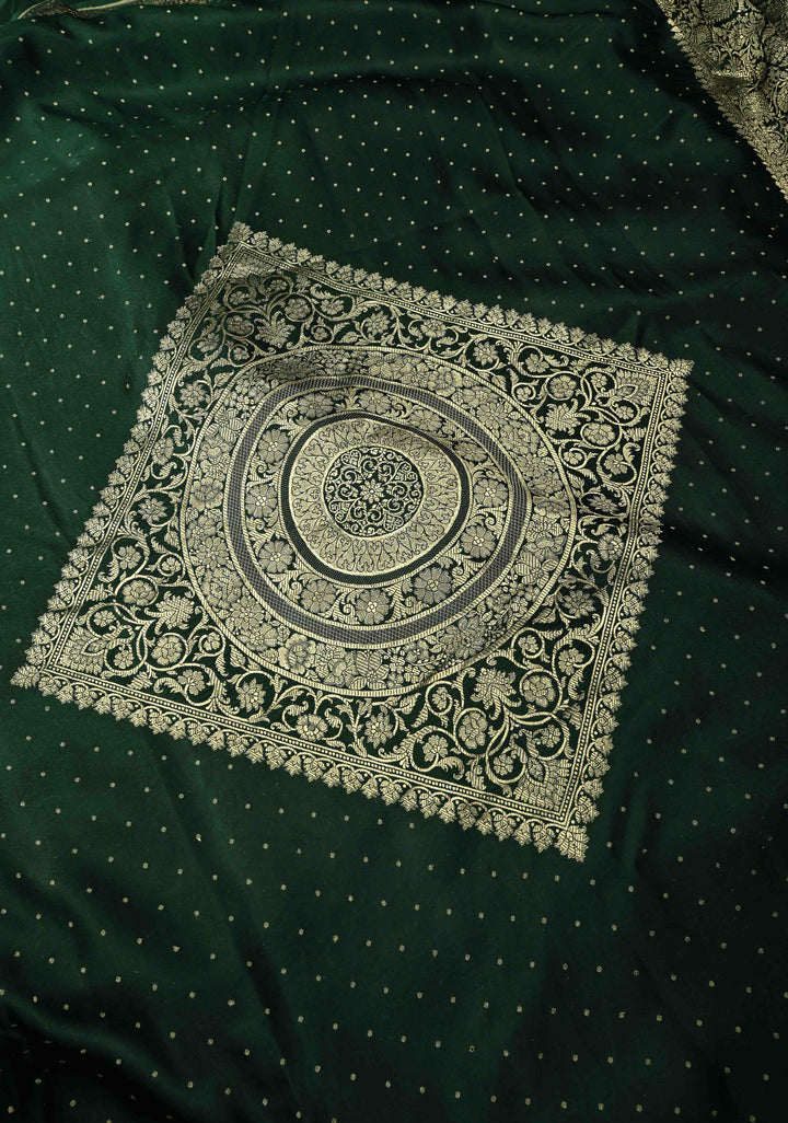 Dark Green Large Diamond design Banarasi Mashru Silk Saree with Chunri Butti and Zari Border |  SILK MARK CERTIFIED | SHOBITAM