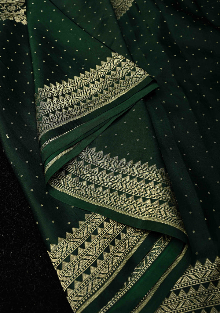 Dark Green Large Diamond design Banarasi Mashru Silk Saree with Chunri Butti and Zari Border |  SILK MARK CERTIFIED | SHOBITAM