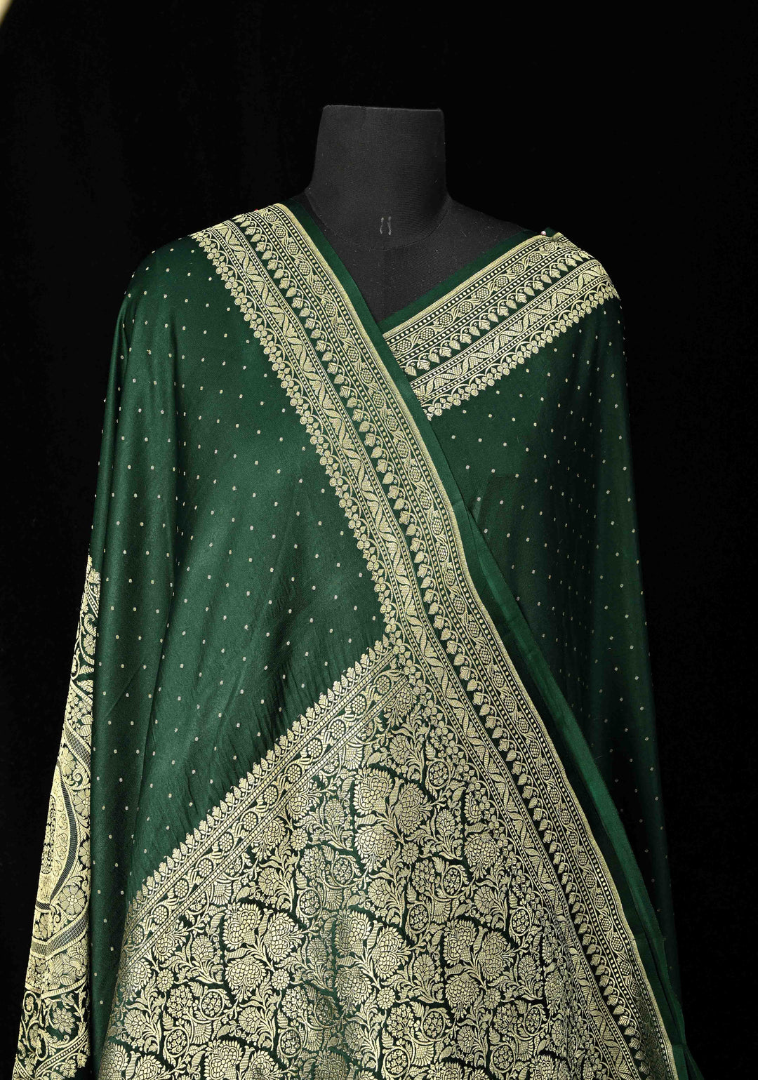 Dark Green Large Diamond design Banarasi Mashru Silk Saree with Chunri Butti and Zari Border |  SILK MARK CERTIFIED | SHOBITAM
