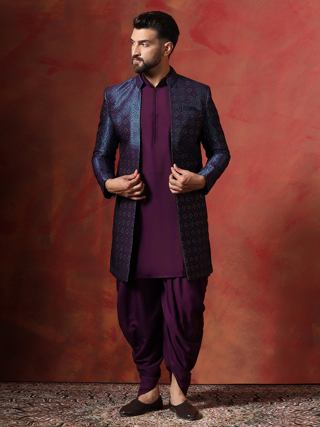 Navy Blue Jacquard Kurta Sherwani Dhoti Set For Men With Embroidered Work | SHOBITAM