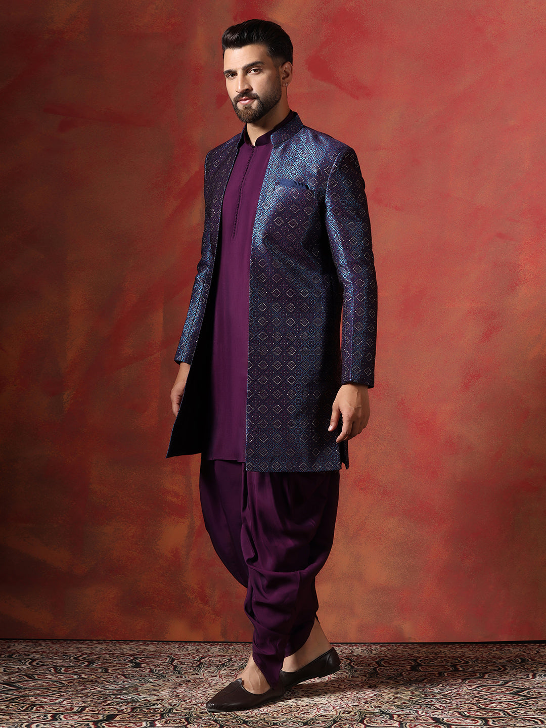 Navy Blue Jacquard Kurta Sherwani Dhoti Set For Men With Embroidered Work | SHOBITAM