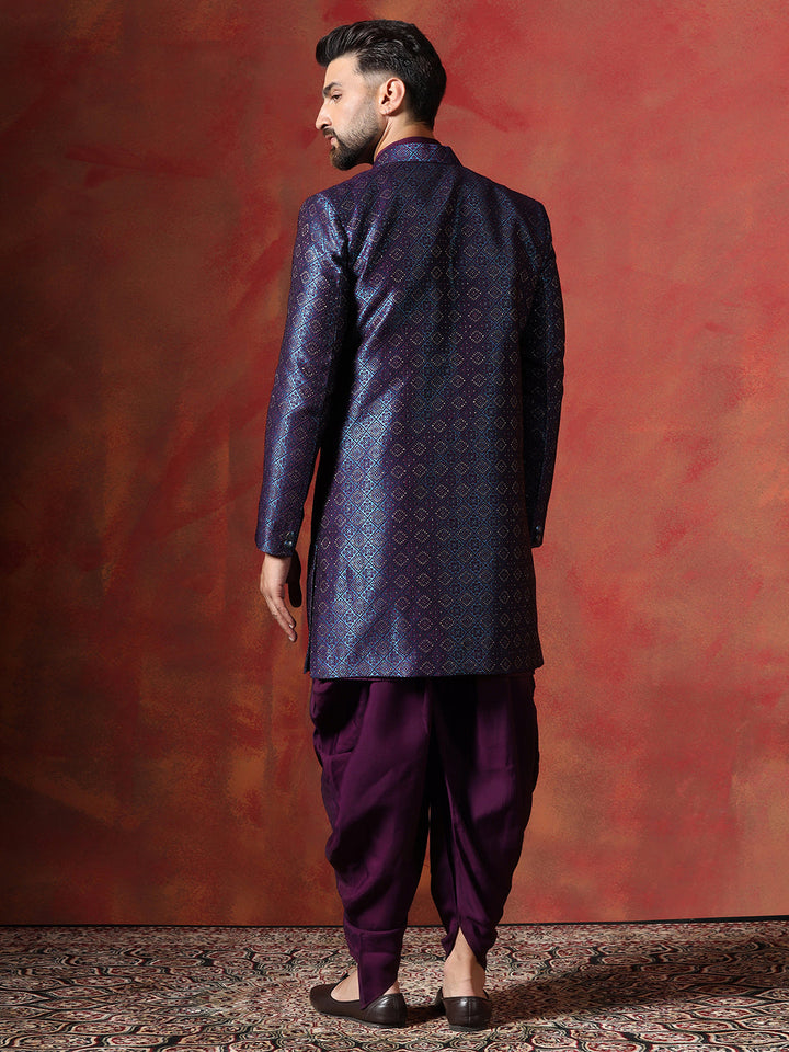 Navy Blue Jacquard Kurta Sherwani Dhoti Set For Men With Embroidered Work | SHOBITAM