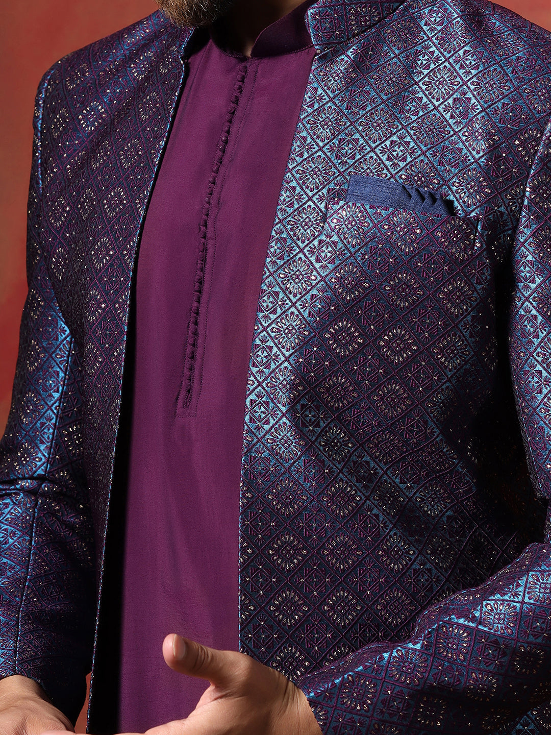 Navy Blue Jacquard Kurta Sherwani Dhoti Set For Men With Embroidered Work | SHOBITAM