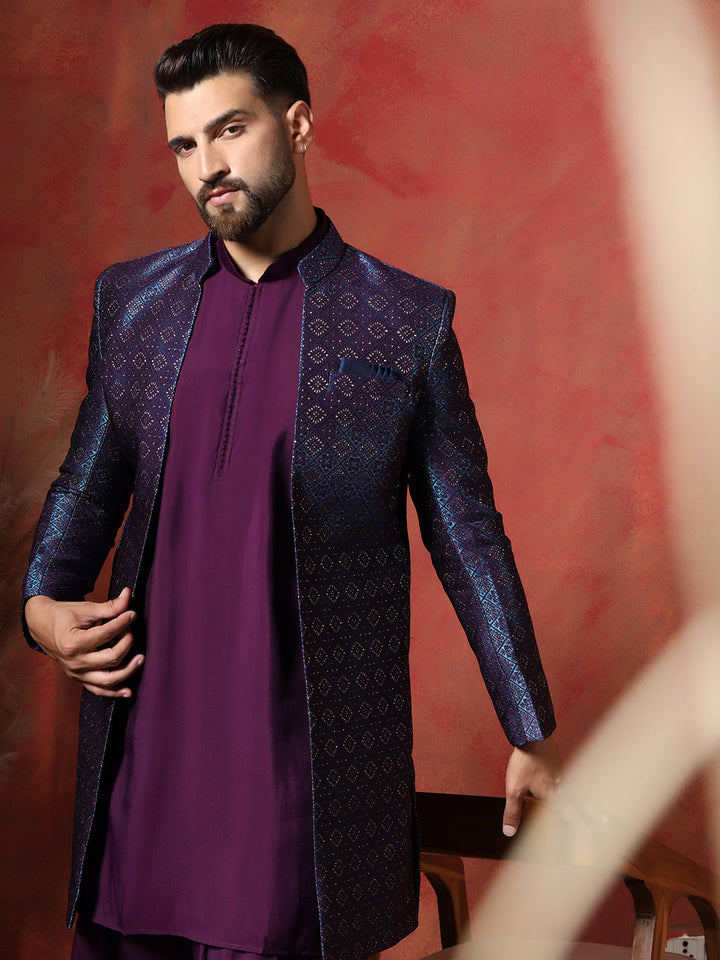 Navy Blue Jacquard Kurta Sherwani Dhoti Set For Men With Embroidered Work | SHOBITAM