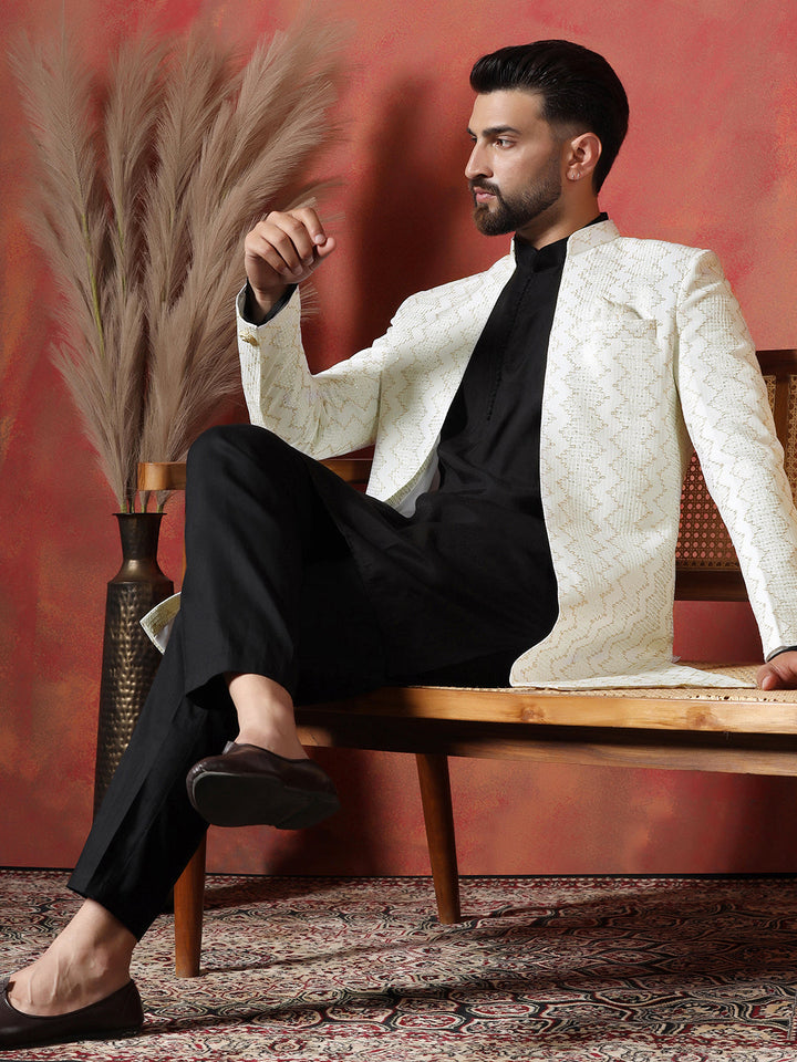 White Cotton Blend Kurta Sherwani Pyjama Set For Men With Embroidered Work | SHOBITAM