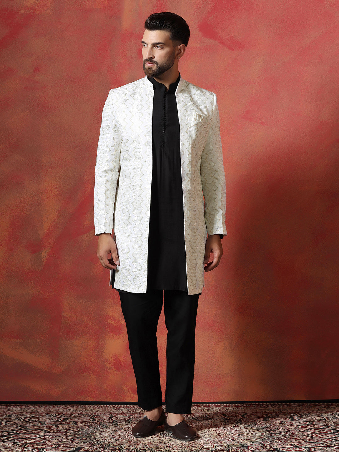 White Cotton Blend Kurta Sherwani Pyjama Set For Men With Embroidered Work | SHOBITAM