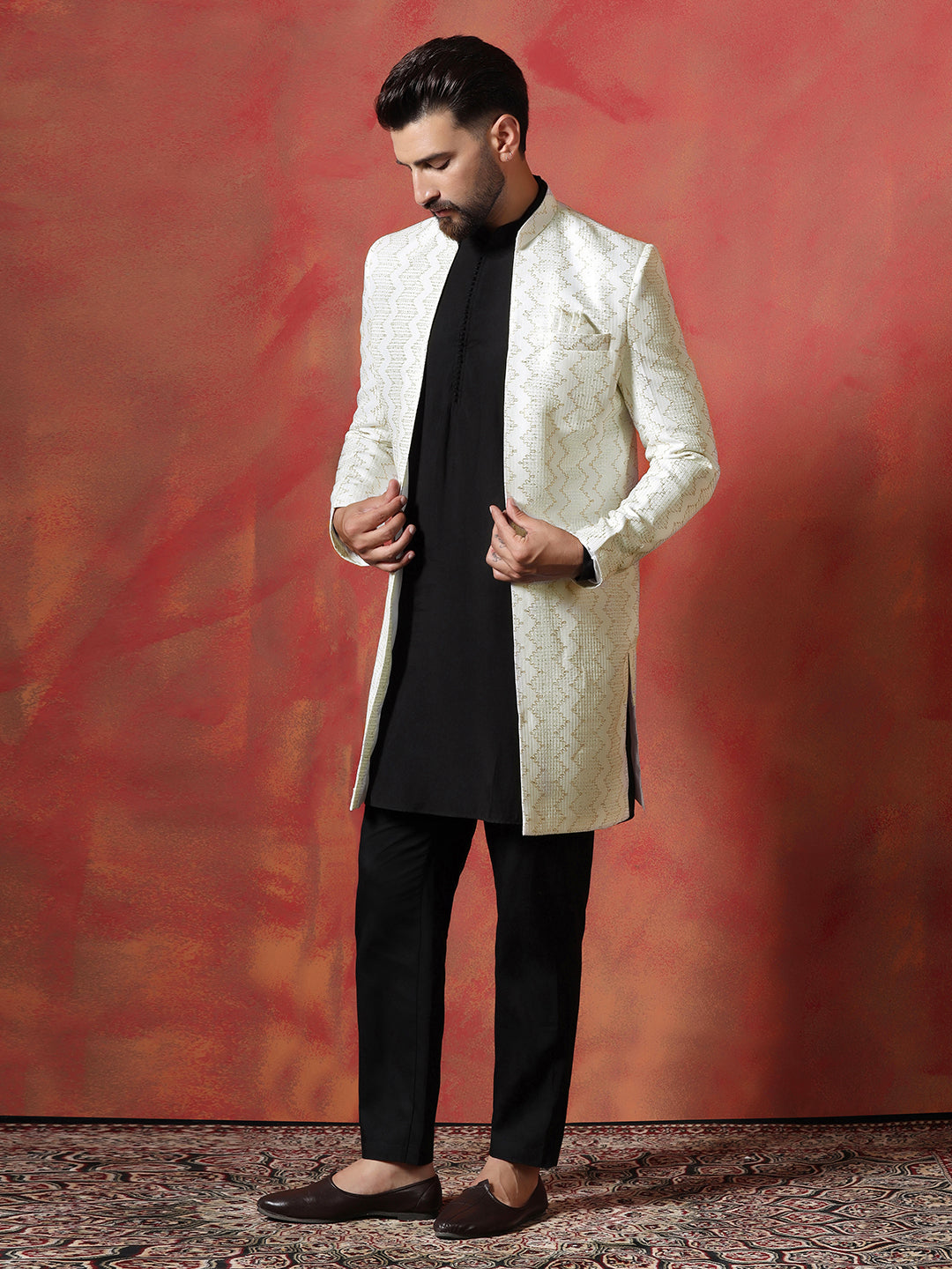 White Cotton Blend Kurta Sherwani Pyjama Set For Men With Embroidered Work | SHOBITAM