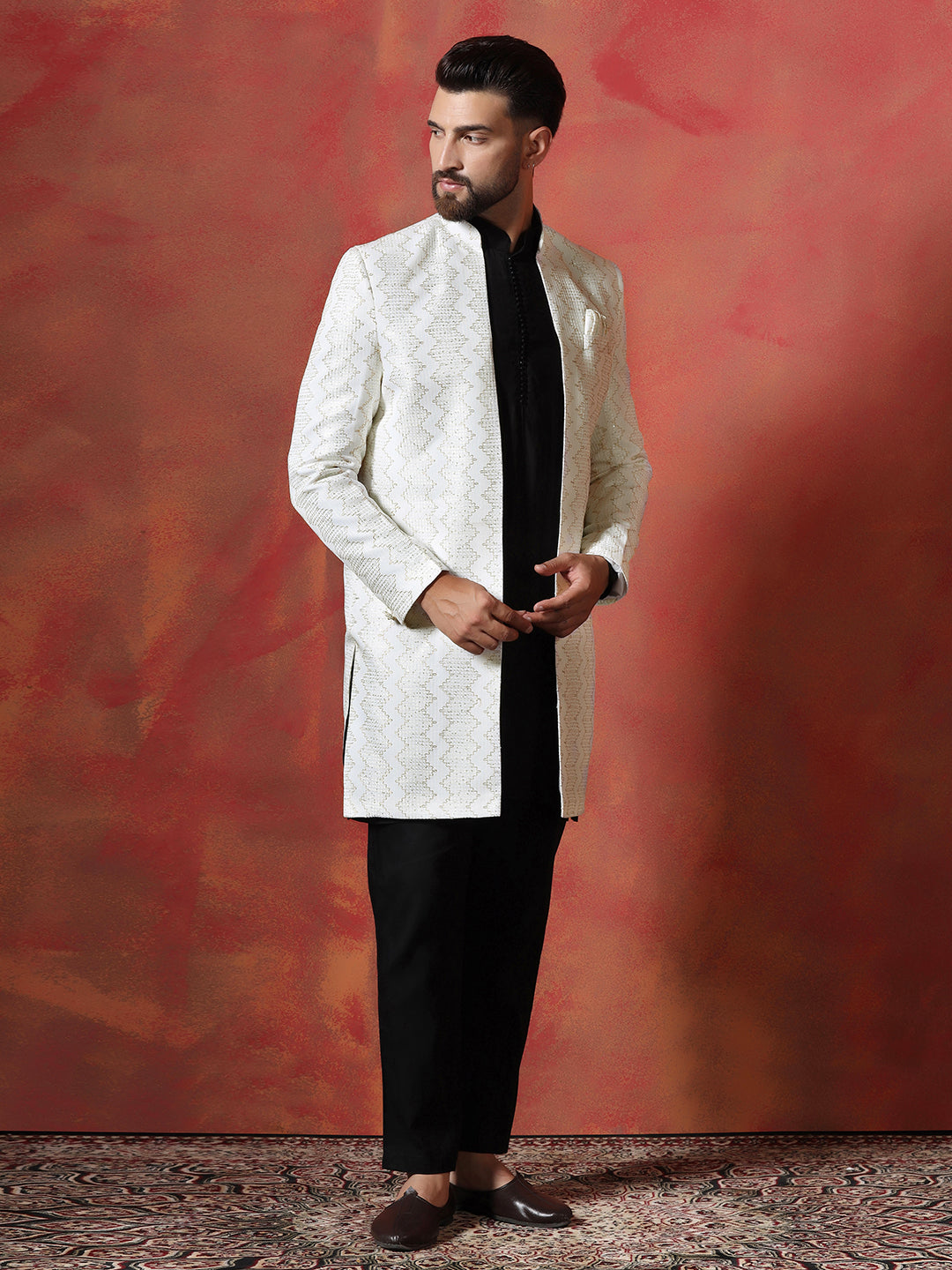 White Cotton Blend Kurta Sherwani Pyjama Set For Men With Embroidered Work | SHOBITAM
