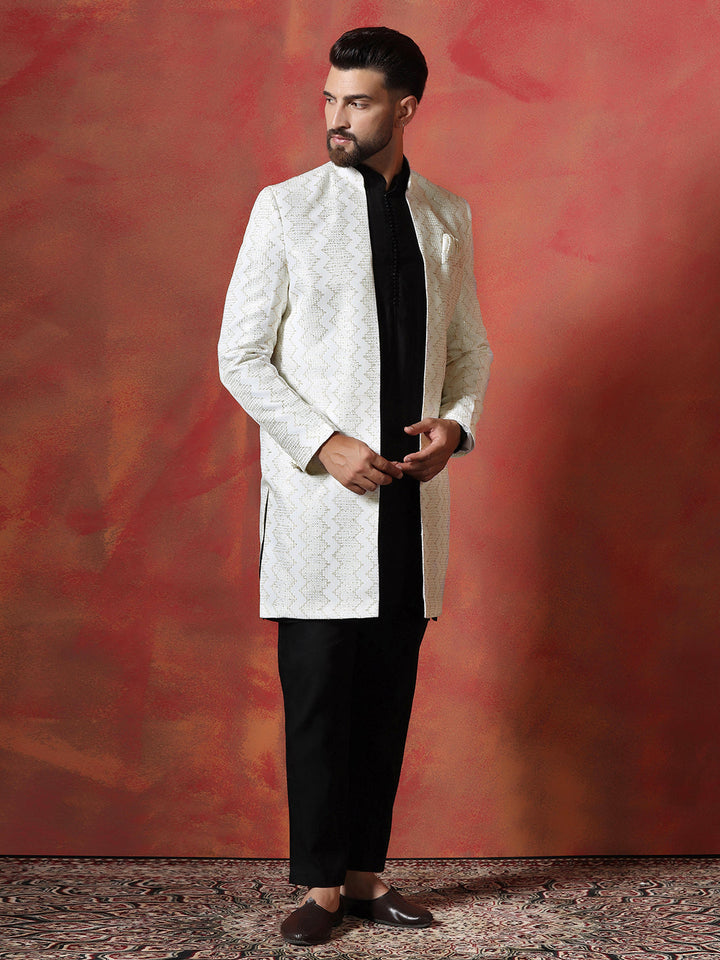 White Cotton Blend Kurta Sherwani Pyjama Set For Men With Embroidered Work | SHOBITAM