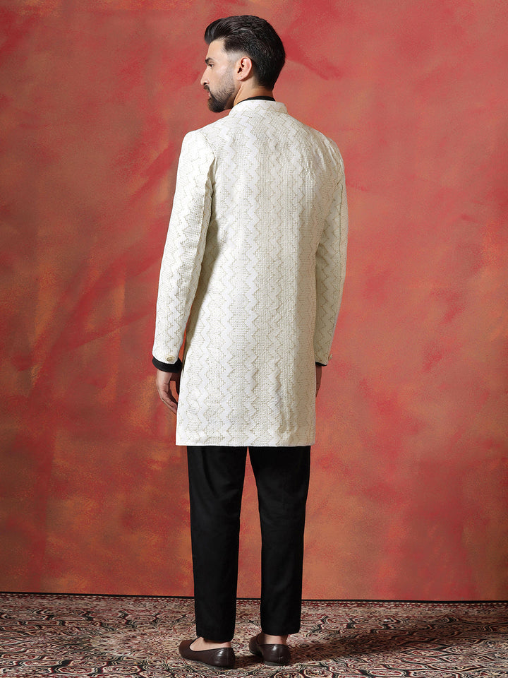 White Cotton Blend Kurta Sherwani Pyjama Set For Men With Embroidered Work | SHOBITAM