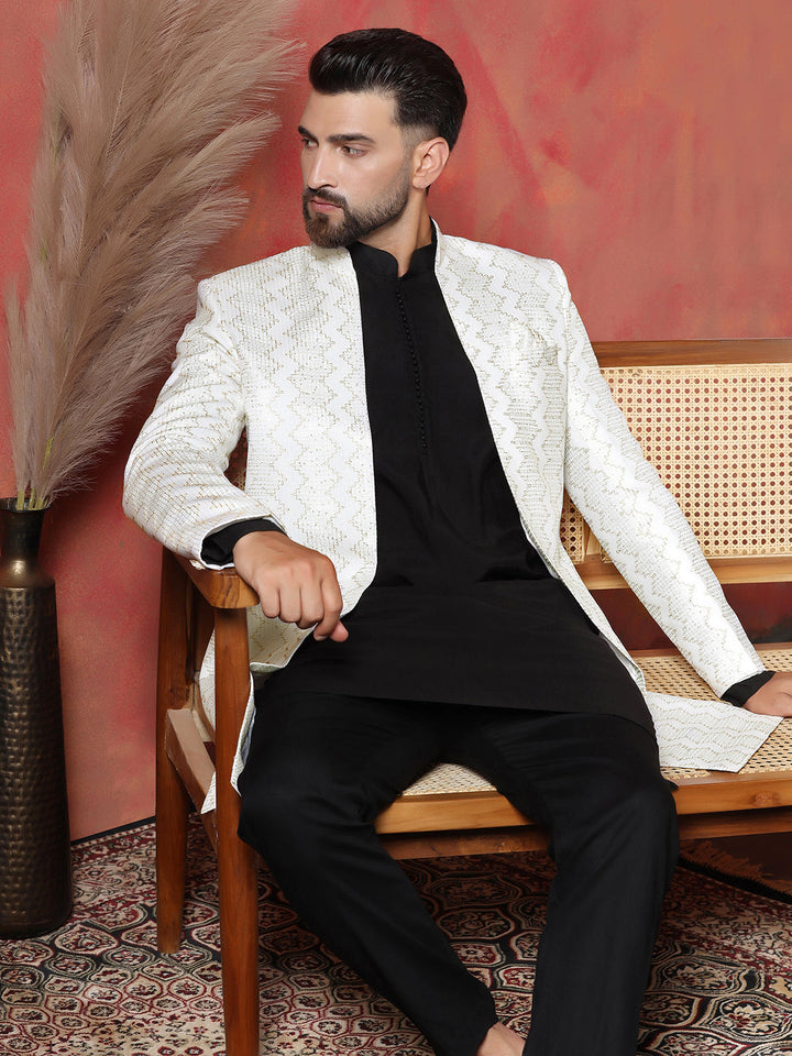 White Cotton Blend Kurta Sherwani Pyjama Set For Men With Embroidered Work | SHOBITAM
