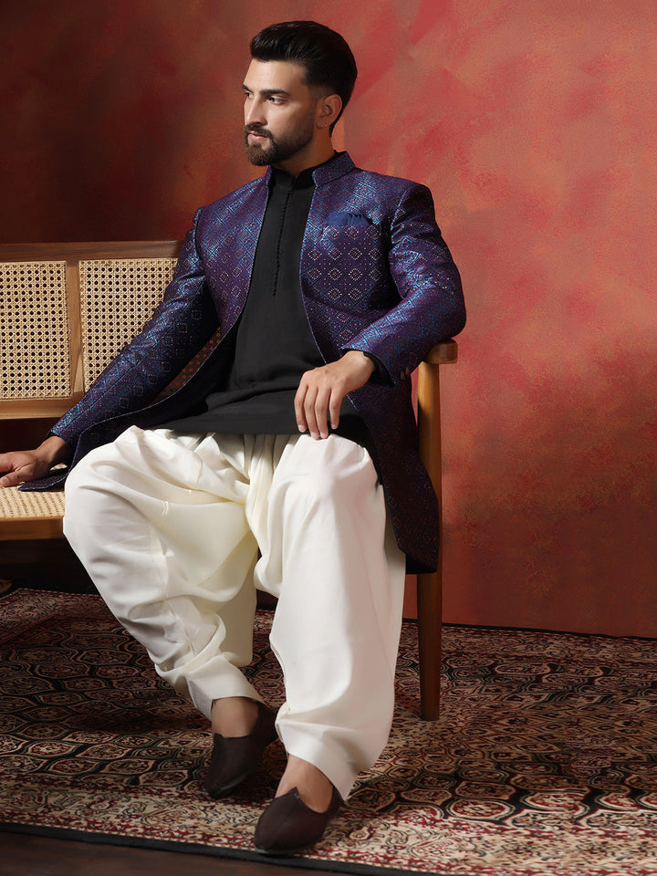 Navy Blue Jacquard Sherwani Set For Men With Embroidered Work | SHOBITAM