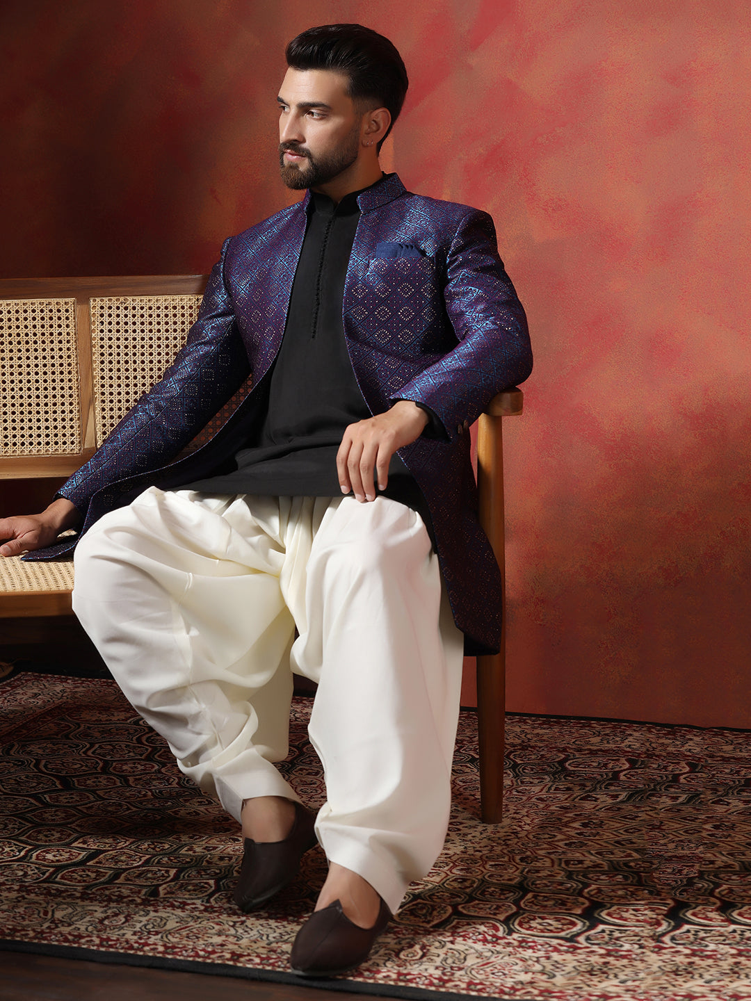 Navy Blue Jacquard Kurta Sherwani Patiala Set For Men With Embroidered Work | SHOBITAM