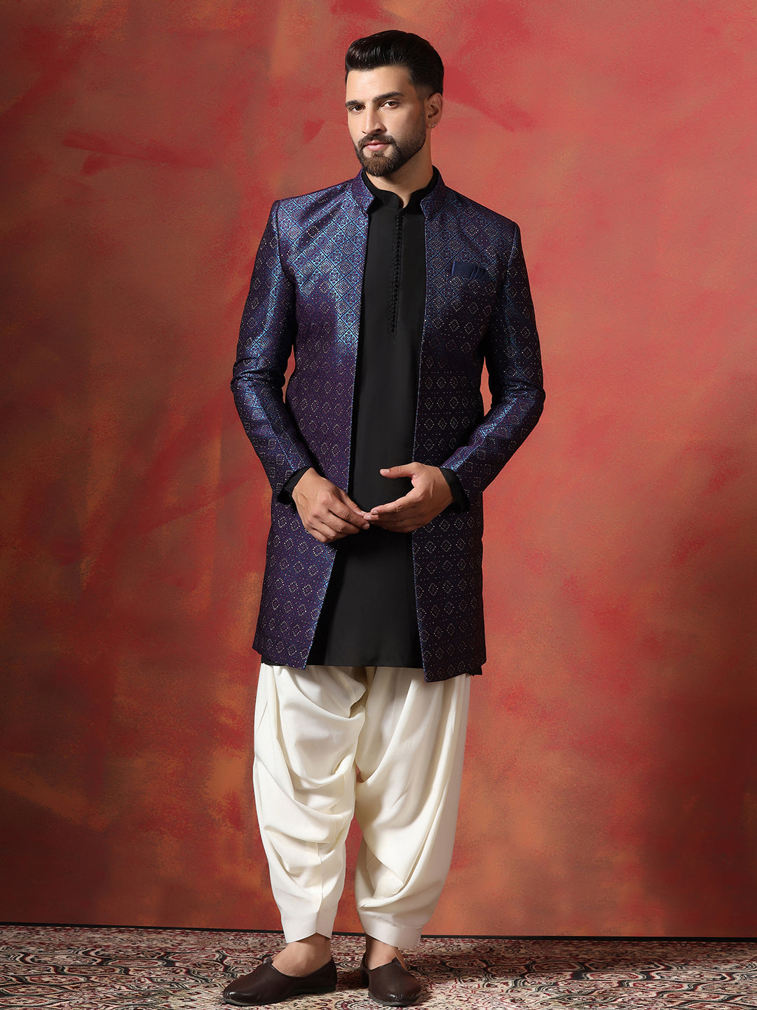Navy Blue Jacquard Sherwani Set For Men With Embroidered Work | SHOBITAM