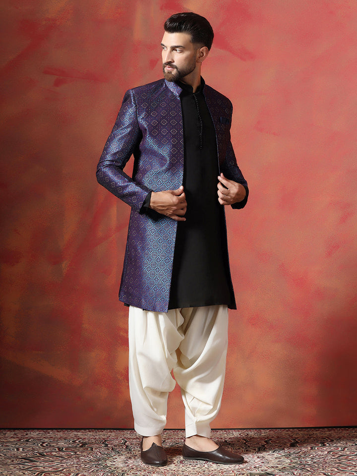 Navy Blue Jacquard Sherwani Set For Men With Embroidered Work | SHOBITAM