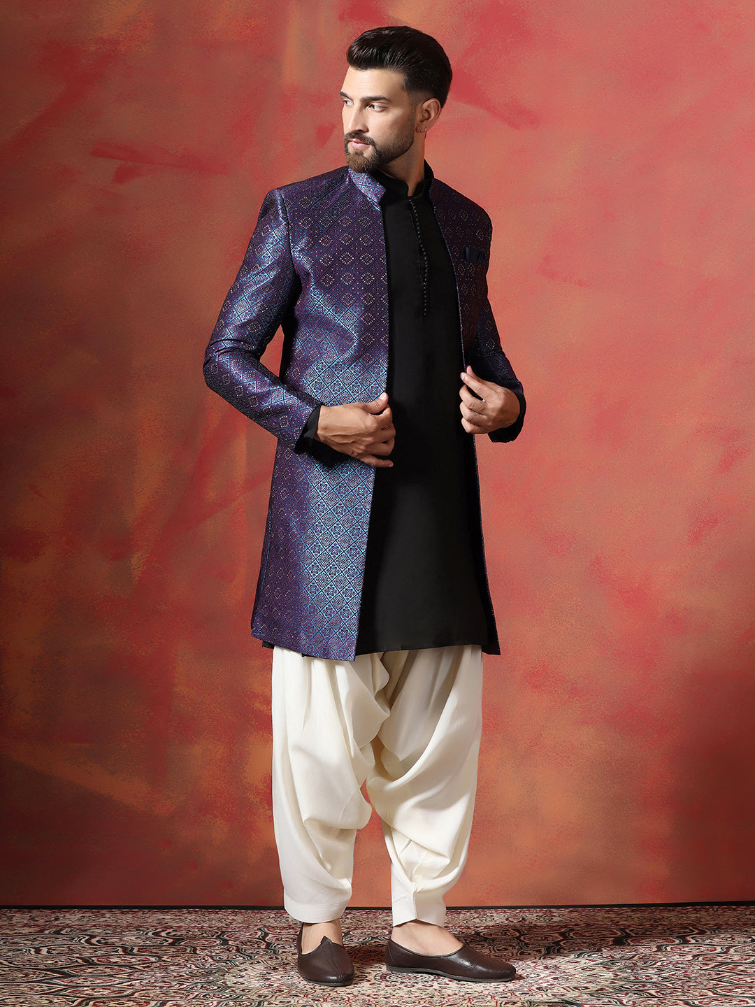 Navy Blue Jacquard Kurta Sherwani Patiala Set For Men With Embroidered Work | SHOBITAM