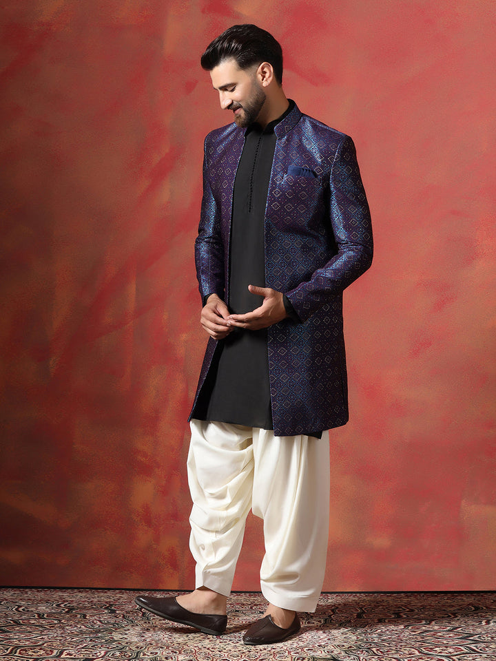 Navy Blue Jacquard Kurta Sherwani Patiala Set For Men With Embroidered Work | SHOBITAM