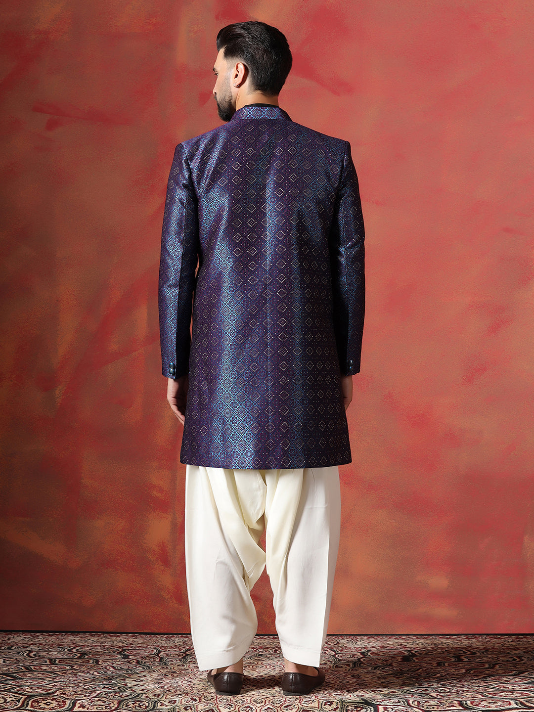 Navy Blue Jacquard Sherwani Set For Men With Embroidered Work | SHOBITAM
