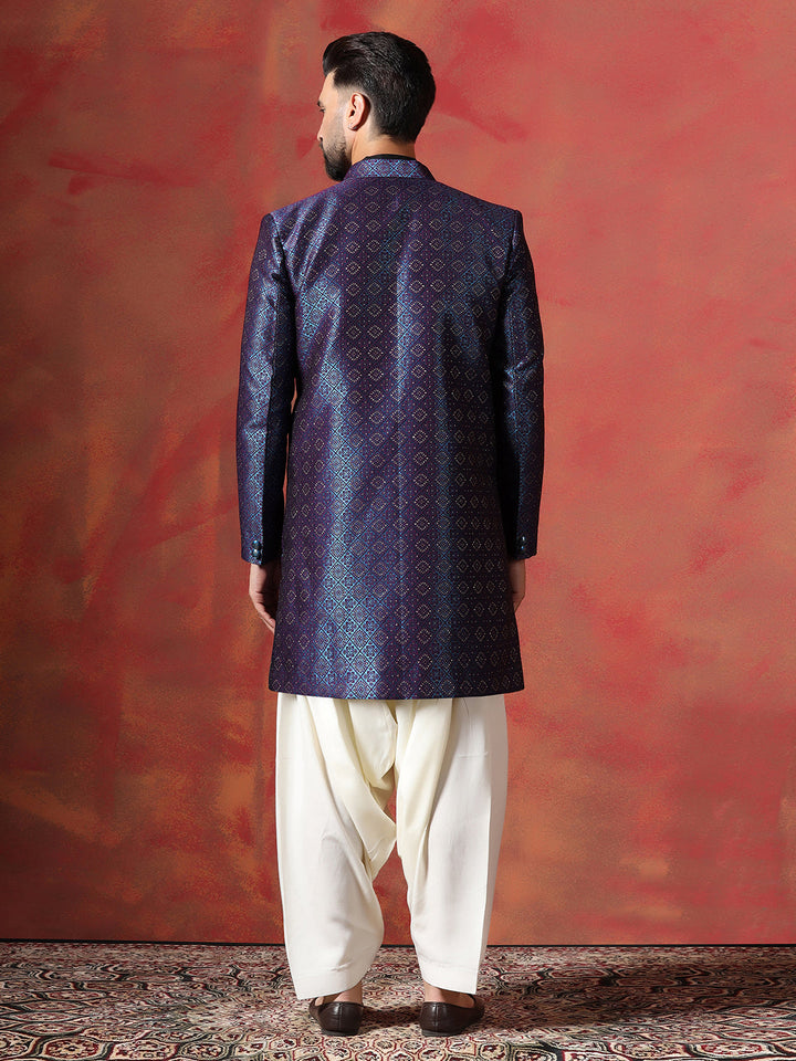 Navy Blue Jacquard Kurta Sherwani Patiala Set For Men With Embroidered Work | SHOBITAM