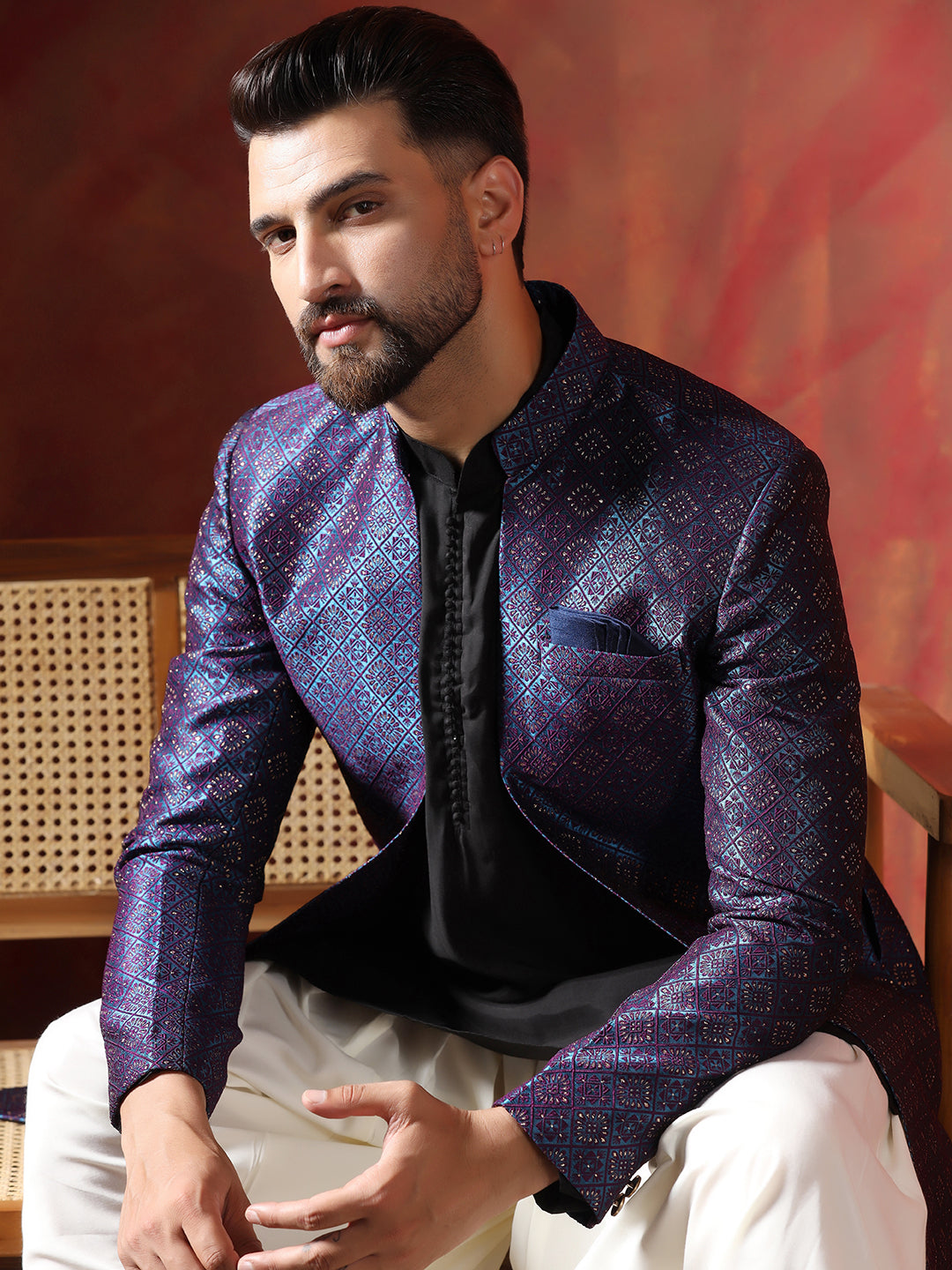 Navy Blue Jacquard Sherwani Set For Men With Embroidered Work | SHOBITAM