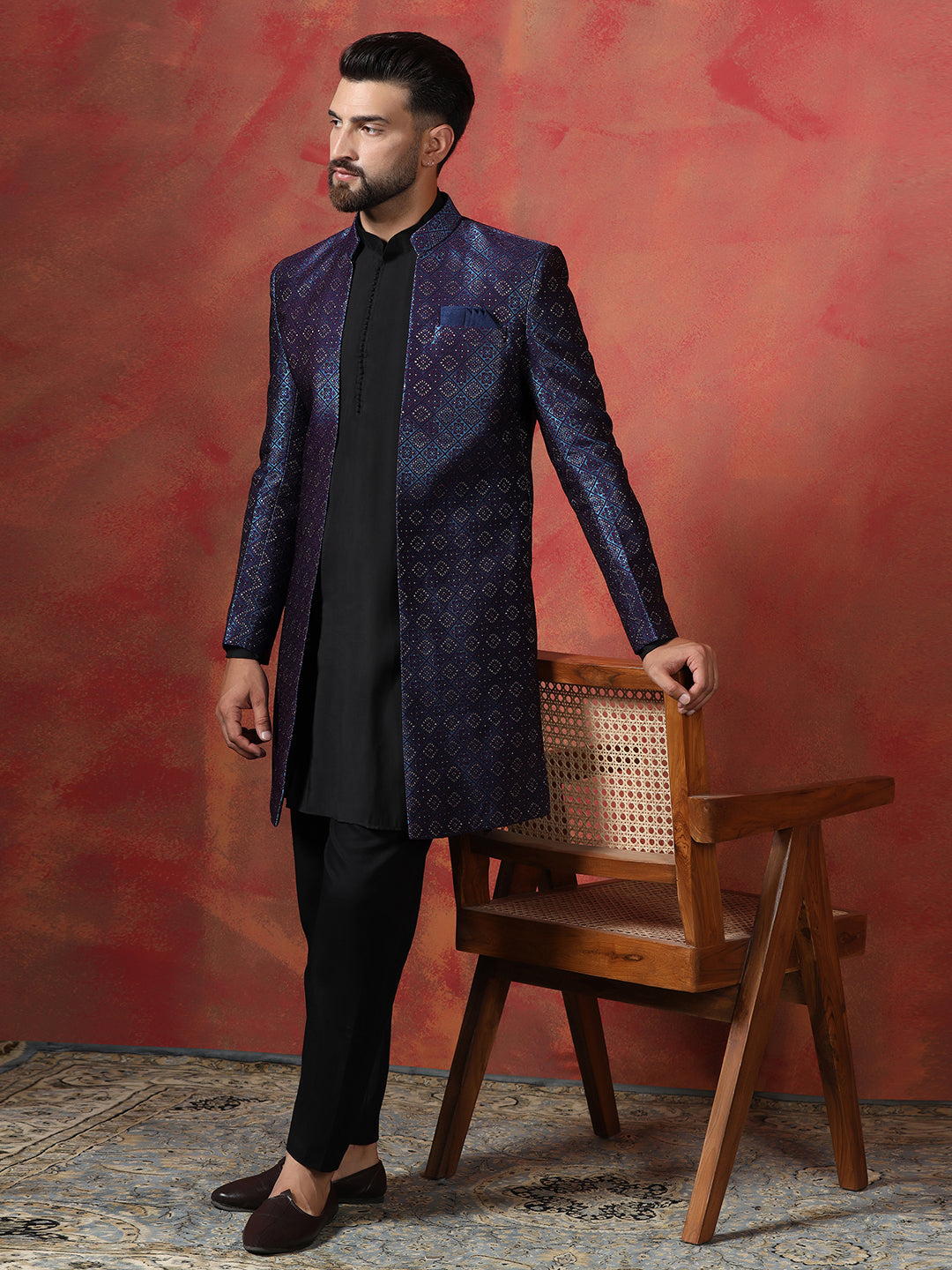 Navy Blue Jacquard Kurta Sherwani Pyjama Set For Men With Embroidered Work| SHOBITAM