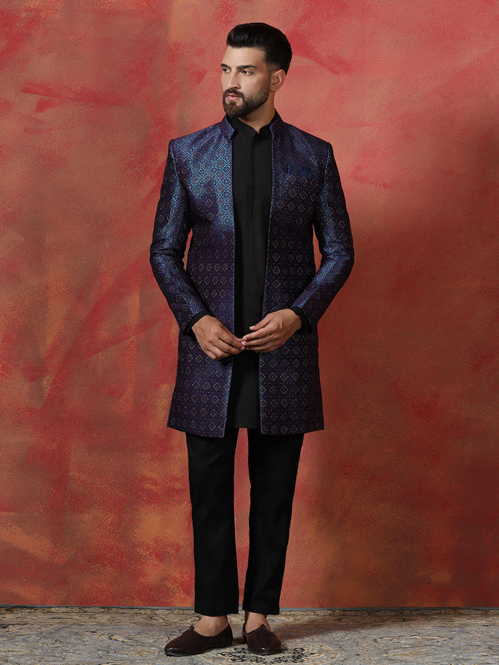 Navy Blue Jacquard Sherwani Set For Men With Embroidered Work | SHOBITAM