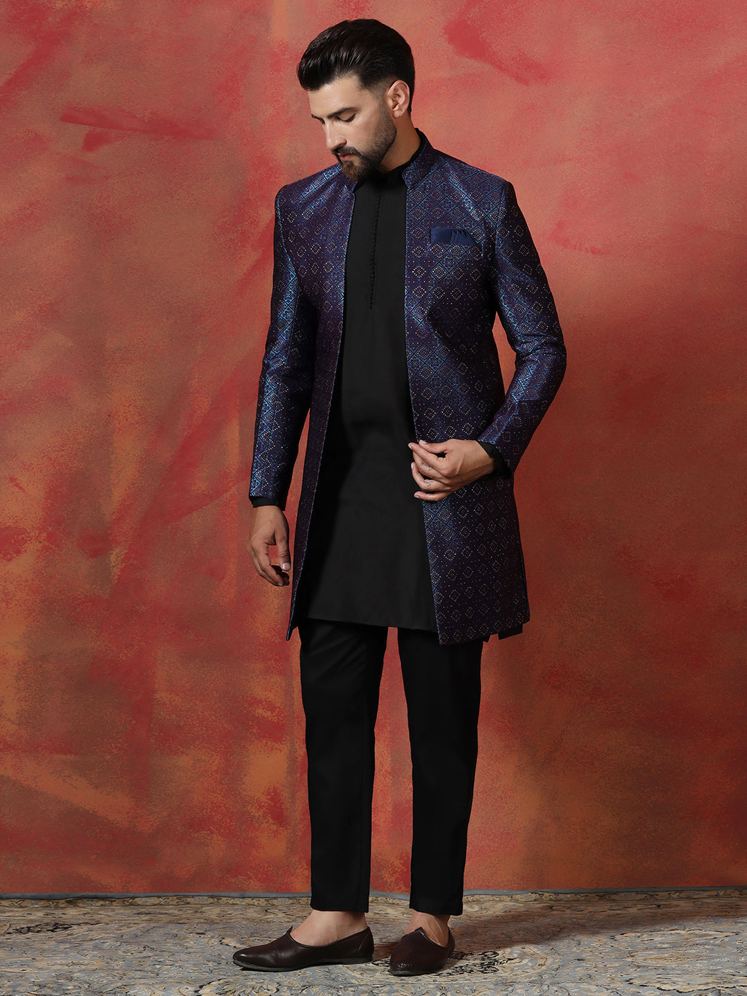 Navy Blue Jacquard Sherwani Set For Men With Embroidered Work | SHOBITAM