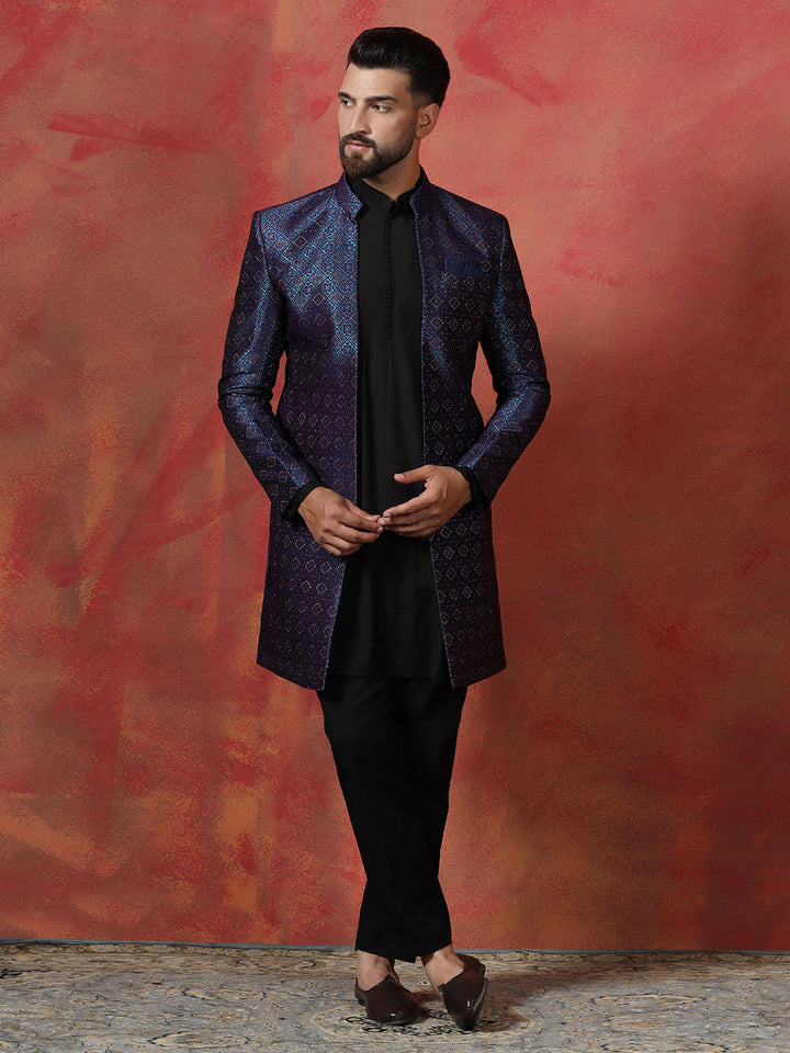 Navy Blue Jacquard Kurta Sherwani Pyjama Set For Men With Embroidered Work| SHOBITAM